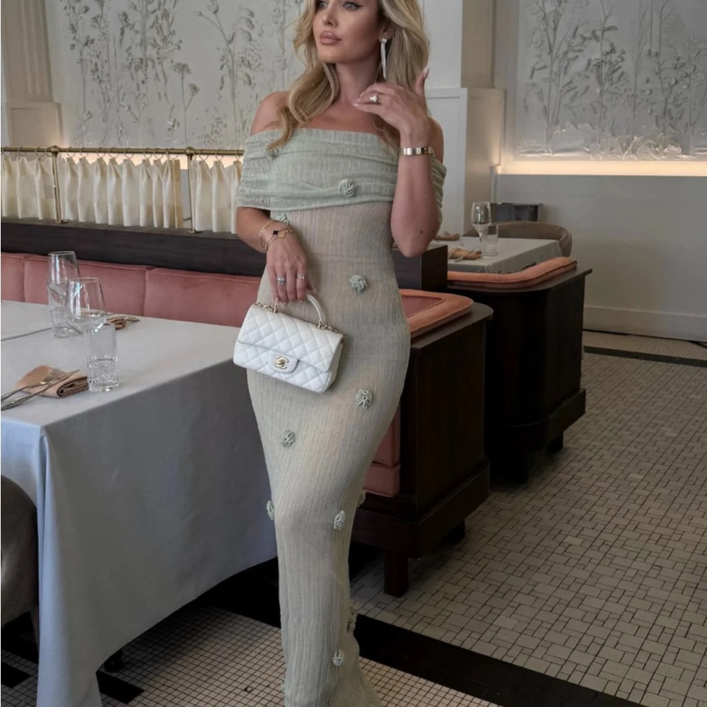 Off-Shoulder Celestine Knit Maxi Dress in Sage Green